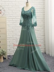 Green Zipper Scalloped Lace and Appliques and Ruching Prom Evening Gown Chiffon Long Sleeves