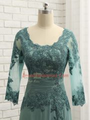 Green Zipper Scalloped Lace and Appliques and Ruching Prom Evening Gown Chiffon Long Sleeves