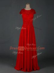 Eye-catching Red Cap Sleeves Beading Floor Length Prom Dress
