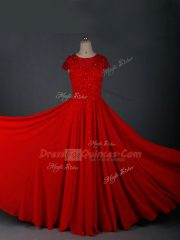 Eye-catching Red Cap Sleeves Beading Floor Length Prom Dress