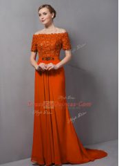 Beauteous Orange Empire Chiffon Off The Shoulder Short Sleeves Lace Zipper Dress for Prom Sweep Train
