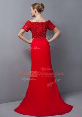 Beauteous Orange Empire Chiffon Off The Shoulder Short Sleeves Lace Zipper Dress for Prom Sweep Train