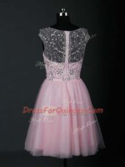 Cheap Mini Length Baby Pink Prom Dresses Tulle Short Sleeves Beading