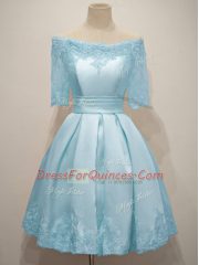 Admirable Light Blue Damas Dress Prom and Party and Wedding Party with Lace Off The Shoulder Half Sleeves Lace Up