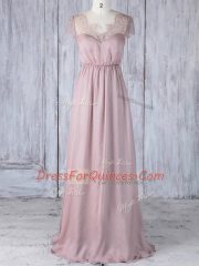 Elegant Pink Dama Dress for Quinceanera Prom and Party and Wedding Party with Lace Scalloped Short Sleeves Clasp Handle
