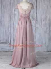 Elegant Pink Dama Dress for Quinceanera Prom and Party and Wedding Party with Lace Scalloped Short Sleeves Clasp Handle