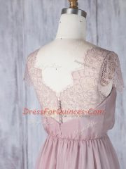 Elegant Pink Dama Dress for Quinceanera Prom and Party and Wedding Party with Lace Scalloped Short Sleeves Clasp Handle