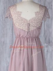 Elegant Pink Dama Dress for Quinceanera Prom and Party and Wedding Party with Lace Scalloped Short Sleeves Clasp Handle