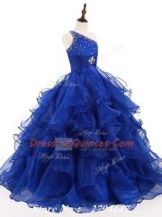 Inexpensive Sleeveless Floor Length Beading and Ruffles Zipper Pageant Gowns For Girls with Royal Blue