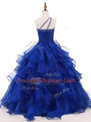 Inexpensive Sleeveless Floor Length Beading and Ruffles Zipper Pageant Gowns For Girls with Royal Blue