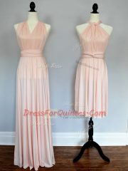 Fashionable Halter Top Sleeveless Lace Up Quinceanera Court of Honor Dress Baby Pink and Peach Chiffon