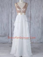 White Backless Quinceanera Dama Dress Ruffles and Sequins Sleeveless Floor Length