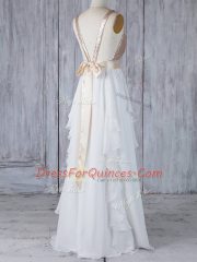 White Backless Quinceanera Dama Dress Ruffles and Sequins Sleeveless Floor Length