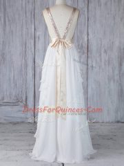 White Backless Quinceanera Dama Dress Ruffles and Sequins Sleeveless Floor Length