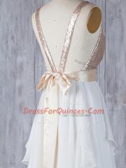 White Backless Quinceanera Dama Dress Ruffles and Sequins Sleeveless Floor Length