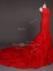 Attractive Lace Sleeveless Prom Party Dress Court Train and Beading and Lace and Appliques