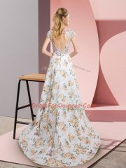 High Quality Scoop Short Sleeves Chiffon Prom Dress Lace and Appliques Brush Train Backless