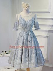 Pretty Grey Half Sleeves Lace and Appliques Knee Length Prom Dresses