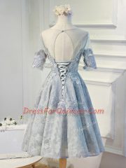 Pretty Grey Half Sleeves Lace and Appliques Knee Length Prom Dresses