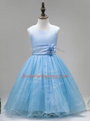 Popular Floor Length Baby Blue Toddler Flower Girl Dress Tulle Sleeveless Hand Made Flower