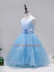 Popular Floor Length Baby Blue Toddler Flower Girl Dress Tulle Sleeveless Hand Made Flower