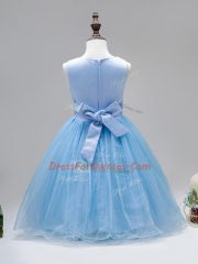 Popular Floor Length Baby Blue Toddler Flower Girl Dress Tulle Sleeveless Hand Made Flower