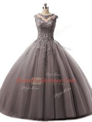 Attractive Sleeveless Tulle Floor Length Lace Up Ball Gown Prom Dress in Brown with Beading and Lace