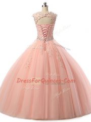 Attractive Sleeveless Tulle Floor Length Lace Up Ball Gown Prom Dress in Brown with Beading and Lace