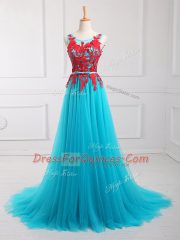 Aqua Blue Empire Lace and Appliques Prom Evening Gown Zipper Tulle Sleeveless