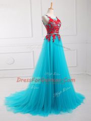 Aqua Blue Empire Lace and Appliques Prom Evening Gown Zipper Tulle Sleeveless