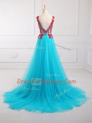 Aqua Blue Empire Lace and Appliques Prom Evening Gown Zipper Tulle Sleeveless