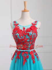 Aqua Blue Empire Lace and Appliques Prom Evening Gown Zipper Tulle Sleeveless