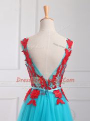 Aqua Blue Empire Lace and Appliques Prom Evening Gown Zipper Tulle Sleeveless