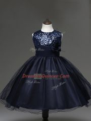 Navy Blue Ball Gowns Scoop Sleeveless Tulle Knee Length Zipper Sequins and Hand Made Flower Girls Pageant Dresses