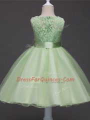 Organza Sleeveless Knee Length Girls Pageant Dresses and Lace and Belt