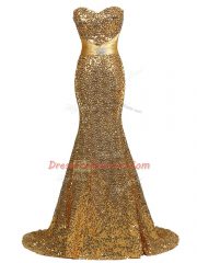 Gold Sequined Lace Up Prom Evening Gown Sleeveless Brush Train Sequins