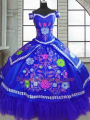 Most Popular Off The Shoulder Short Sleeves Lace Up Quinceanera Dress Blue Taffeta