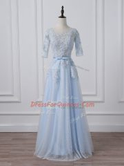 Ideal Light Blue 3 4 Length Sleeve Beading and Lace and Appliques Prom Party Dress