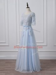 Ideal Light Blue 3 4 Length Sleeve Beading and Lace and Appliques Prom Party Dress