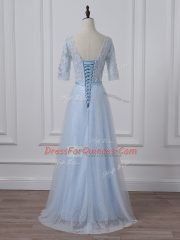 Ideal Light Blue 3 4 Length Sleeve Beading and Lace and Appliques Prom Party Dress
