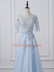 Ideal Light Blue 3 4 Length Sleeve Beading and Lace and Appliques Prom Party Dress