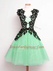 Clearance Sleeveless Knee Length Lace Lace Up Dama Dress for Quinceanera with Apple Green
