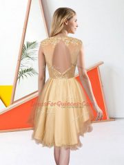 Champagne A-line Bateau Sleeveless Organza High Low Backless Beading and Lace Vestidos de Damas