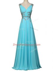 Simple Aqua Blue Empire Beading and Ruching Homecoming Dress Zipper Chiffon Sleeveless Floor Length