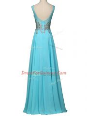 Simple Aqua Blue Empire Beading and Ruching Homecoming Dress Zipper Chiffon Sleeveless Floor Length
