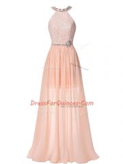 Floor Length Peach Halter Top Sleeveless Backless