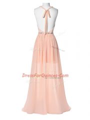 Floor Length Peach Halter Top Sleeveless Backless