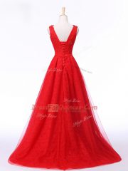 Lace Up Prom Dresses Red for Prom and Military Ball and Sweet 16 with Lace and Appliques and Belt Brush Train