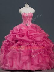 Affordable Ball Gowns Quince Ball Gowns Hot Pink Sweetheart Organza Sleeveless Floor Length Lace Up