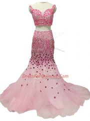 Brush Train Two Pieces Homecoming Dress Baby Pink Straps Tulle Sleeveless Zipper